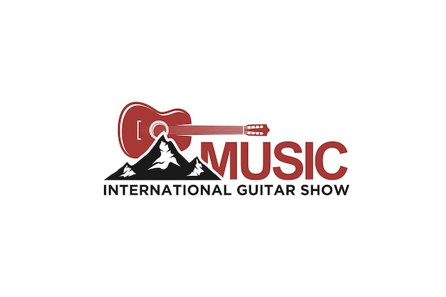 Guitar strings with mountain silhouette music instrument logo design