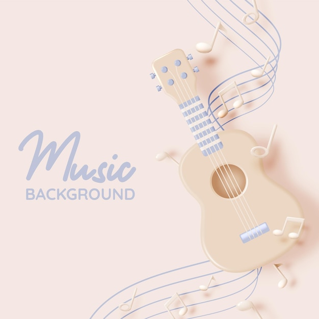 Guitar or ukulele with music notes song melody or tune 3d realistic vector