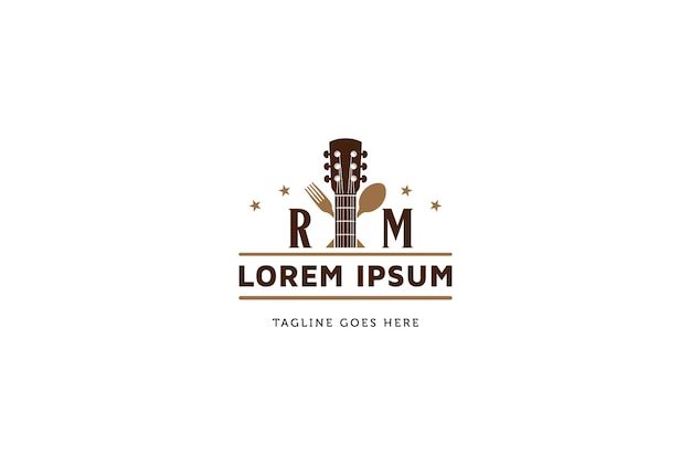 Guitar with spoon fork for bar, cafe, restaurant live music logo design vector