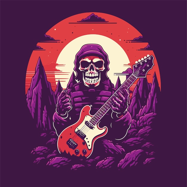 guitarist skull skeleton guitar player logo design flat illustration 2d