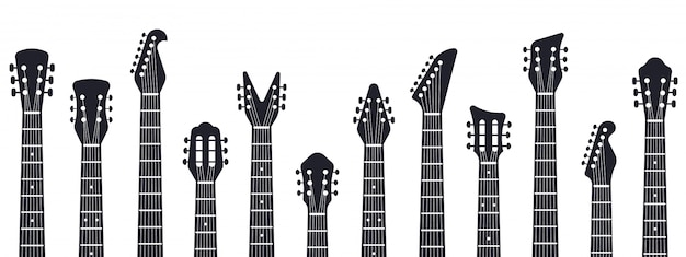 Vector guitars headstock. rock music guitar necks silhouette. electric and acoustic music guitars   illustration. acoustic entertainment, instrument guitar, musical equipment