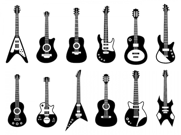 ギターのシルエット。黒の電気およびアコースティック楽器、ロックジャズギターのシルエット、音楽バンドギターイラストアイコンセット。ギターネック、ウクレレシルエット、ジャズアコースティック