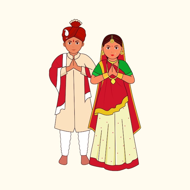 Gujarati wedding couple greeting namaste against cosmic latte background