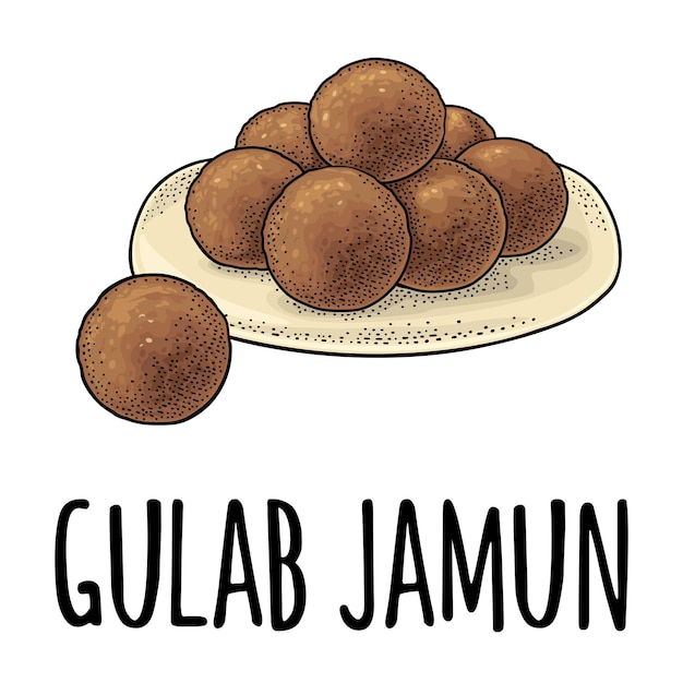 Gulab jamun cibo tradizionale indiano illustrazione realistica a colori vettoriale isolata su bianco