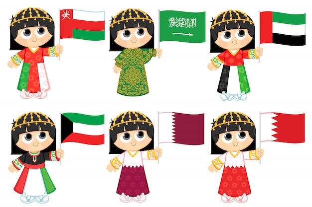 Gulf cooperation council flags  ( oman , saudi arabia , united arab emirates , kuwait , qatar and  bahrain )