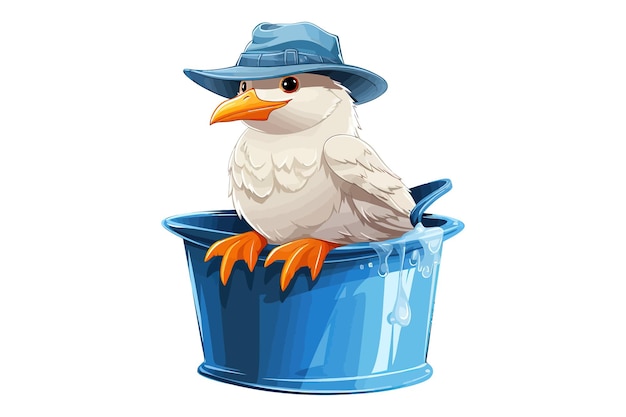 Vector gull character with webbed feet wearing peakless hat sitting in bucket with fish flat graphic vector illustrations isolated on white background