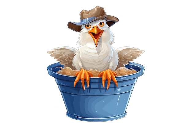 Gull character with webbed feet wearing peakless hat sitting in bucket with fish flat graphic vector illustrations isolated on white background