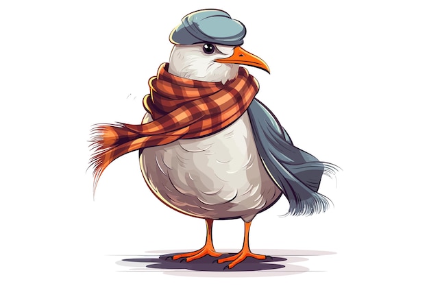 Gull character with webbed feet wearing striped vest and peakless hat standing flat graphic vector illustrations isolated on white background