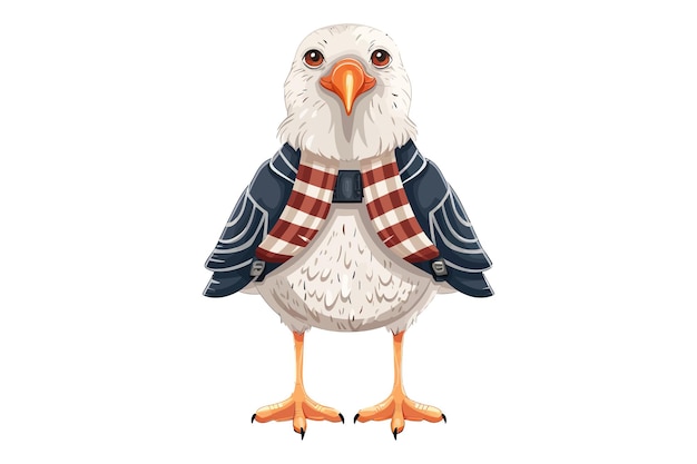 Vector gull character with webbed feet wearing striped vest and peakless hat standing flat graphic vector illustrations isolated on white background