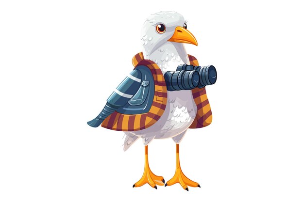 Gull character with webbed feet wearing striped vest and peakless hat standing flat graphic vector illustrations isolated on white background