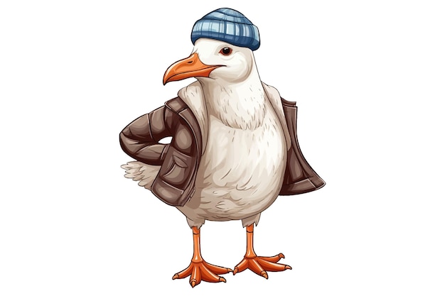 Gull character with webbed feet wearing sweater and hat with anchor flat graphic vector illustrations isolated on white background