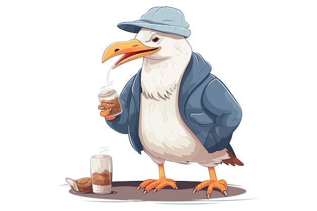 Vector gull character with webbed feet wearing sweater and peakless hat eating fish flat graphic vector illustrations isolated on white background