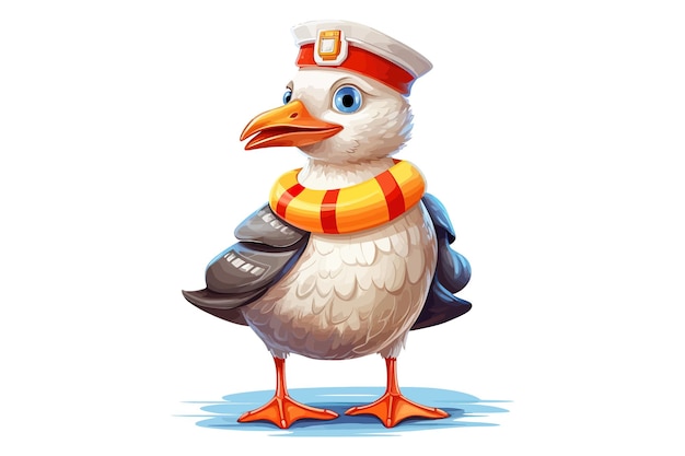 Gull karakter met zwemvliezen dragen gestreept vest en muts met reddingsboei flat grafische vectorillustraties geïsoleerd op witte achtergrond