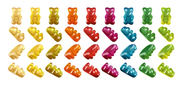 Caramelle gommose da diverse angolazioni e posizioni isolate su bianco illustrazione vettoriale di jelly bears colorati