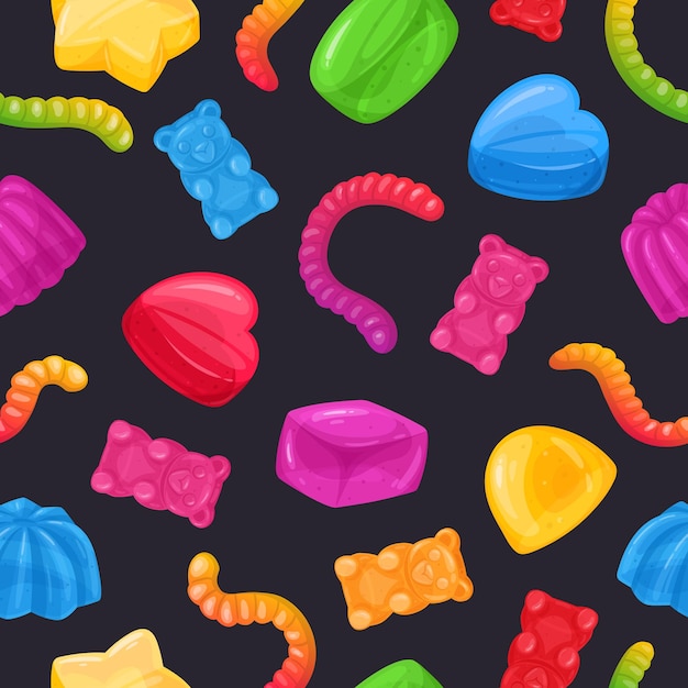 Vector gummy jelly seamless pattern cartoon chewy jelly candies gummy bear and worms marmalade flat vector background illustration jelly sweets endless backdrop