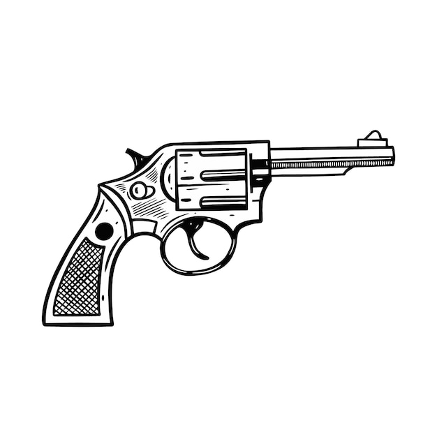 Pistola classica disegnata a mano colore nero stile incisione illustrazione vettoriale isolato su sfondo bianco