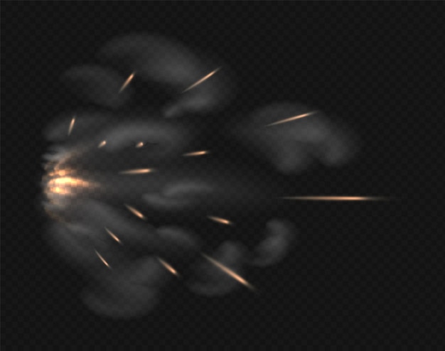 Flash di pistola effetto visivo realistico del colpo di arma da fuoco scintille volanti e nuvole di fumo su sfondo trasparente fuoco da polvere da sparo in fiamme e bagliore di modello vettoriale di esplosione