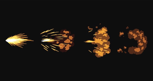 Vector gun flashes or gunshot animation cartoon flash effect of bullet starts with smoke and sparkles fire explosion effect during shot with gun shotgun fire muzzle flash and explode