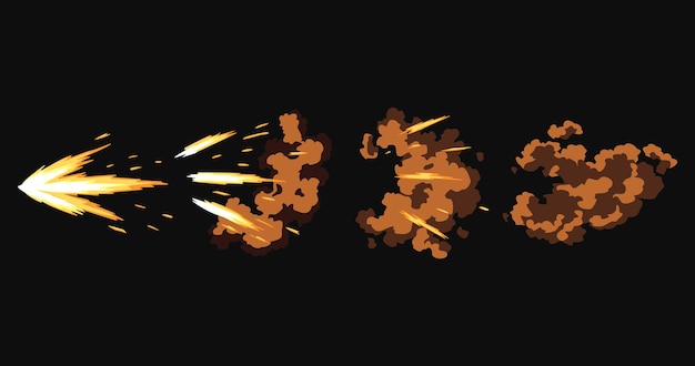 Gun flashes or gunshot animation cartoon flash effect of bullet starts with smoke and sparkles fire explosion effect during shot with gun shotgun fire muzzle flash and explode