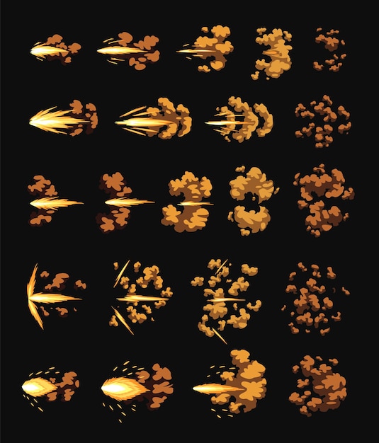 Vector gun flashes or gunshot animation. collection of fire explosion effect during the shot with the gun. cartoon flash effect of bullet starts. shotgun fire, muzzle flash and explode.