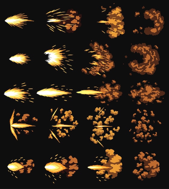 Gun flashes or gunshot animation Collection of fire explosion effect during shot with gun Cartoon flash effect of bullet starts Shotgun fire muzzle flash and explode