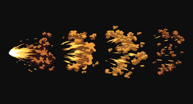 Vector gun flashes or gunshot animation collection of fire explosion effect during the shot with the gun cartoon flash effect of bullet starts shotgun fire muzzle flash and explode