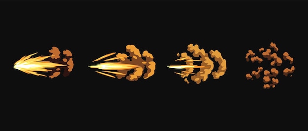 Gun flashes or gunshot animation. fire explosion effect during the shot with the gun. cartoon flash effect of bullet start. shotgun fire, muzzle flash and explode.