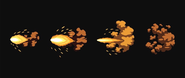 Gun flashes or gunshot animation. fire explosion effect during the shot with the gun. cartoon flash effect of bullet start. shotgun fire, muzzle flash and explode.