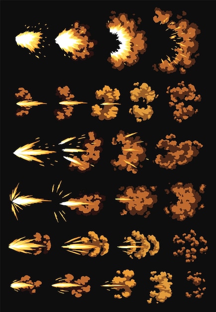 Вектор Вспышки пистолета или анимация выстрела мультяшный эффект вспышки пули начинается с дыма и искр эффект взрыва огня во время выстрела из пистолета вспышка дула дробовика и взрыв