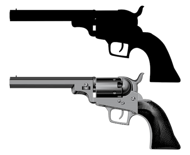 총 리볼버 권총 6 사수 권총 빈티지 복고풍 목 판 에칭 또는 새겨진 스타일 그리기