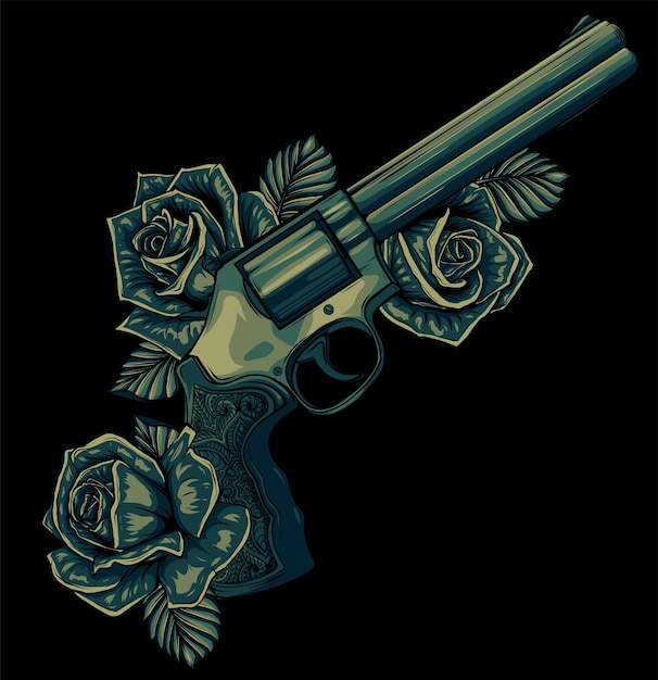 Gun and rose colored illustration for tattoo and design Tshirts and other items Old school sketch on black background