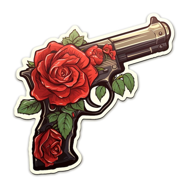 Vector gun and rose concept sticker design