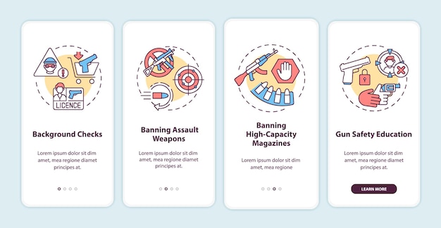 Gun safety guidelines onboarding mobile app page screen with concepts. Weapon control and regulation walkthrough  steps. UI  template with RGB color