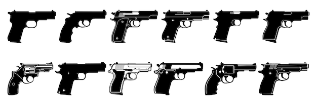 銃のシルエットは,ベクトルのシルエットデザインの大きなパックを設定し,孤立した白い背景を設定します.