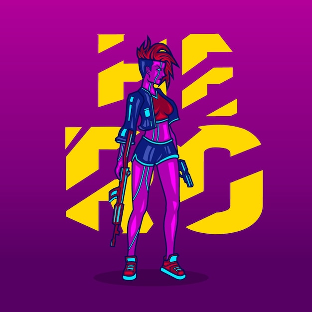 Gun woman with cyberpunk style cartoon character illustration