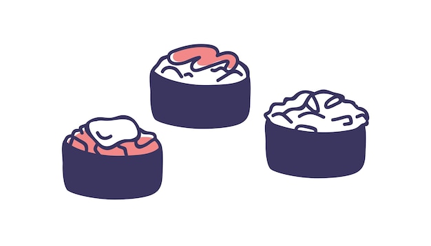 Gunkan maki sushi rolls wrapped with nori topped with salmon fish squid and sauce Japanese Asian sea food Gunkanmaki Japan cuisine Flat vector illustration isolated on white background