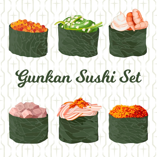 Gunkan sushi maki set met kaviaar tonijn garnalen zeewier krab tobiko voedsel vectorillustratie