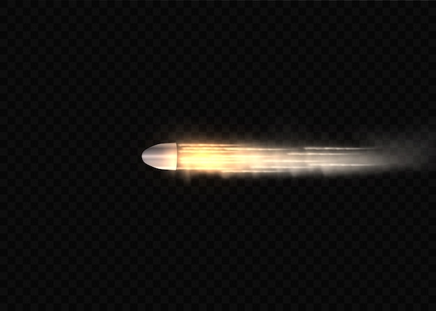 Gunshots, bullet in motion, smoke trails. realistic flying bullet in motion. smoke traces isolated on transparent background. handgun shoot trails.