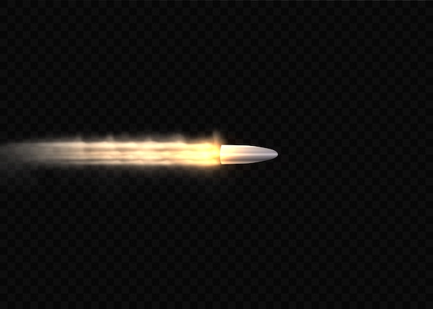 Gunshots, bullet in motion, smoke trails. Realistic flying bullet in motion. Smoke traces isolated on transparent background. Handgun shoot trails.