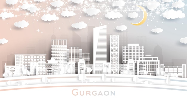 Gurgaon India City Skyline in Paper Cut Style met witte gebouwen Maan en Neon Garland