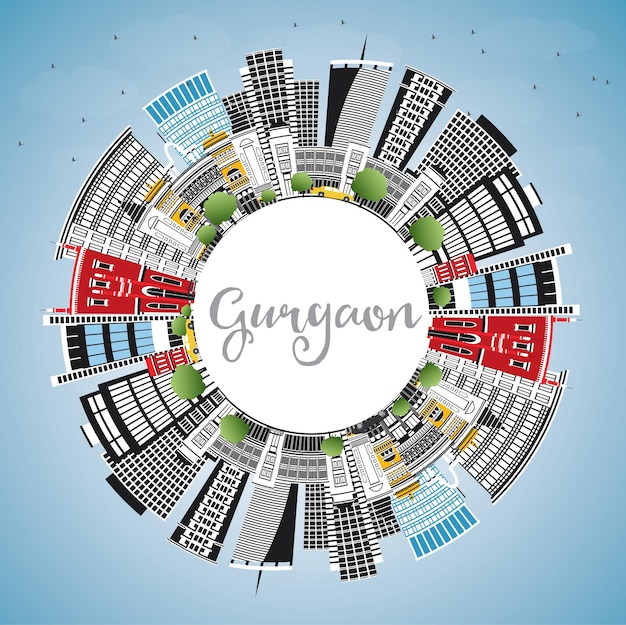 Gurgaon India City Skyline with Gray Buildings, Blue Sky and Copy Space. Vector Illustration. Business Travel and Tourism Concept with Modern Architecture. Gurgaon Cityscape with Landmarks.