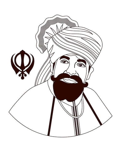 Guru Gobind Singh, laatste Sikh-goeroe, held van India. Lijntekeningen, vector