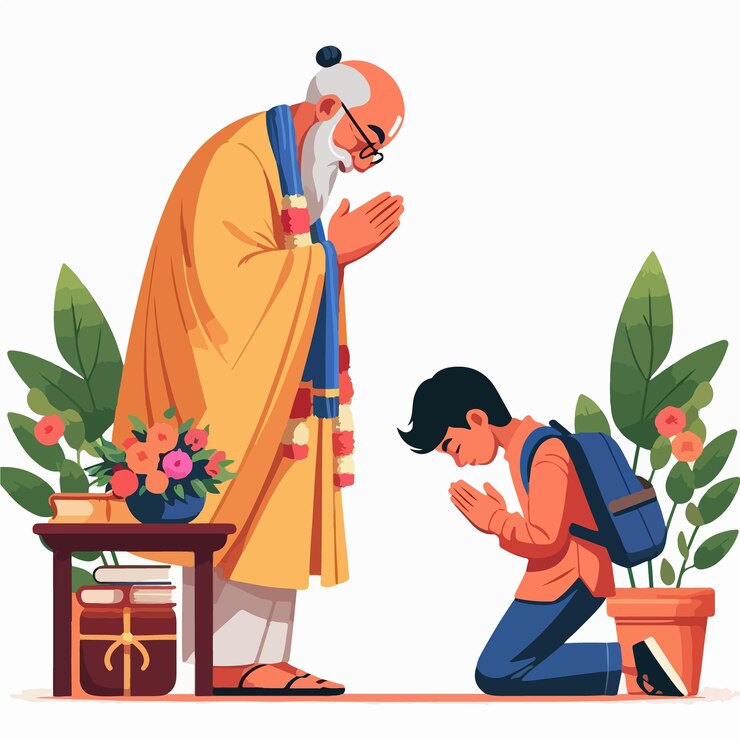 वेक्टर गुरु पूर्णिमा चित्रण में एक गुरु अपने शिष्य को आशीर्वाद दे रहे हैं