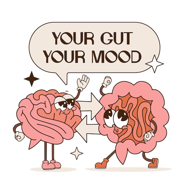 Gut and brain retro cartoon characters connection health of the brain and the gut are interwinded me