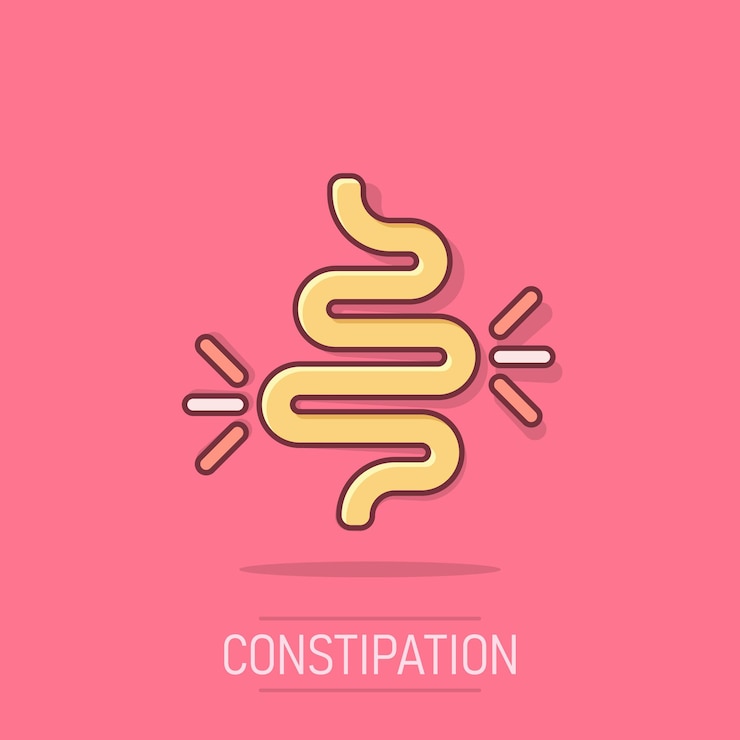 Vector gut constipation icon in comic style colitis vector cartoon illustration on white isolated background stomach business concept splash effect