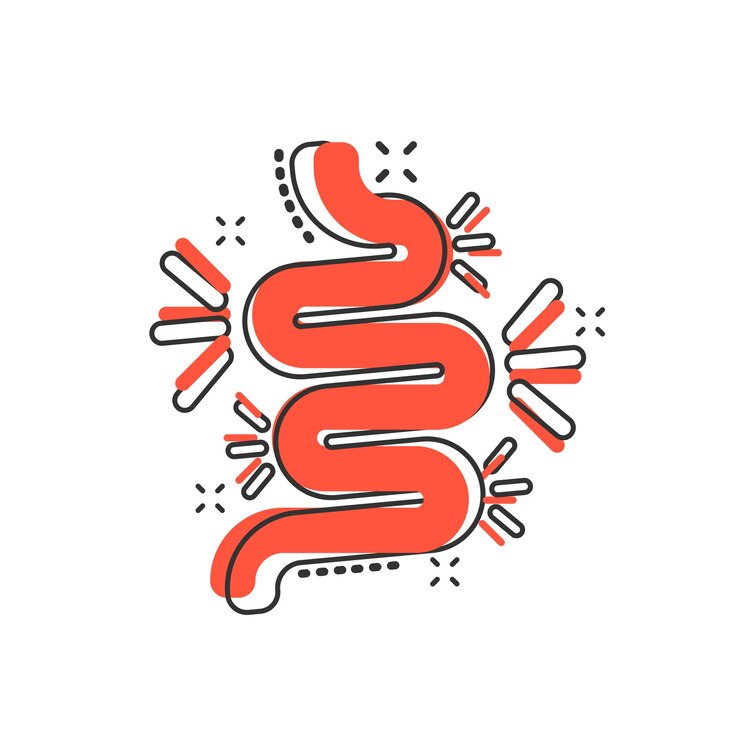 Vector gut constipation icon in comic style colitis vector cartoon illustration on white isolated background stomach business concept splash effect