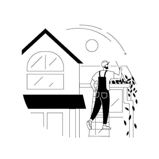 Gutter cleaning abstract concept vector illustration Home maintenance rooftop construction business roof repair power wash leaf and moss removal downspout pipe autumn abstract metaphor