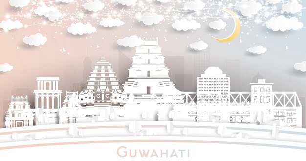 Guwahati India City Skyline in Paper Cut Style with White Buildings Moon and Neon Garland