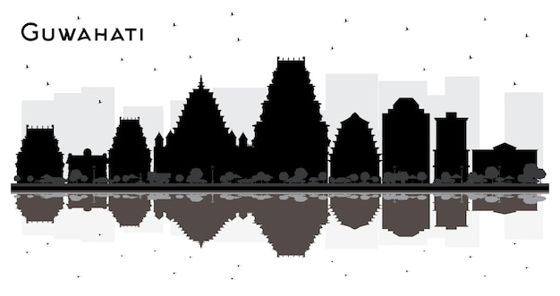 Guwahati india city skyline silhouette with black buildings and reflections isolated on white