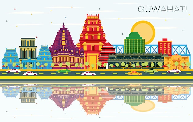 Guwahati India City Skyline with Color Buildings, Blue Sky and Reflections. Vector Illustration. Business Travel and Tourism Concept with Modern Architecture. Guwahati Cityscape with Landmarks.